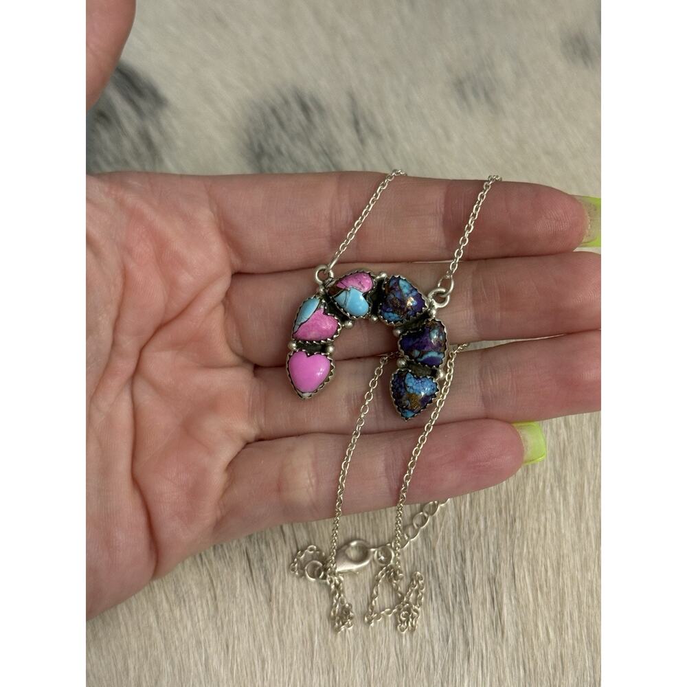 Sterling Silver 925 Pink Blue Cotton Candy Purple Mojave 6 Hearts Naja Necklace